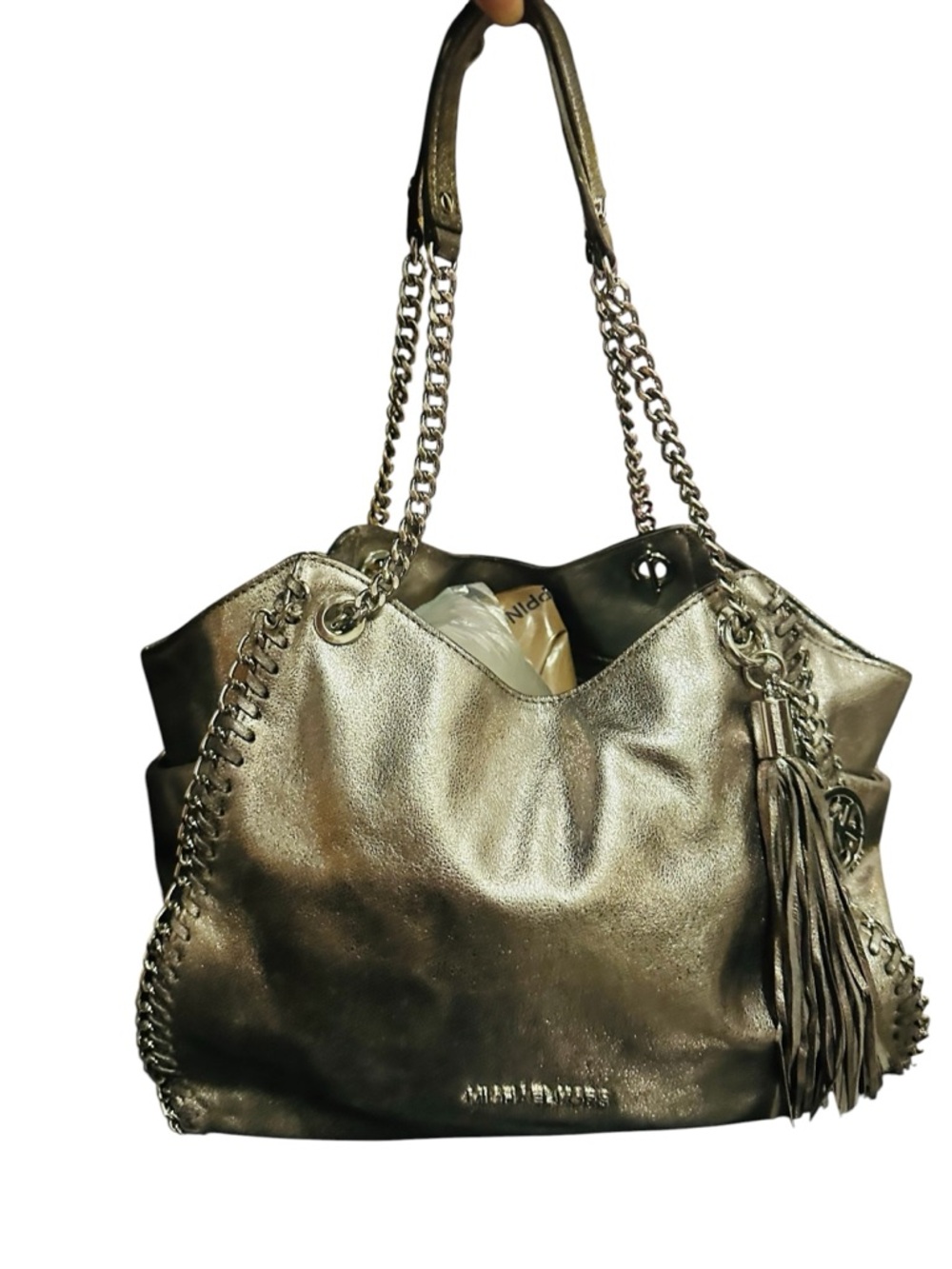 Michael Kors Metallic Silver Leather Shoulder Tote with Tassel - Picture 8 of 17